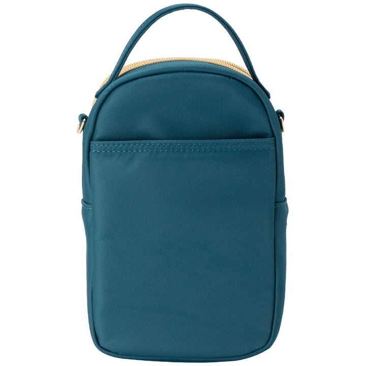 Back exterior photo of the teal Meredith purse with easily accessible cell phone pocket.