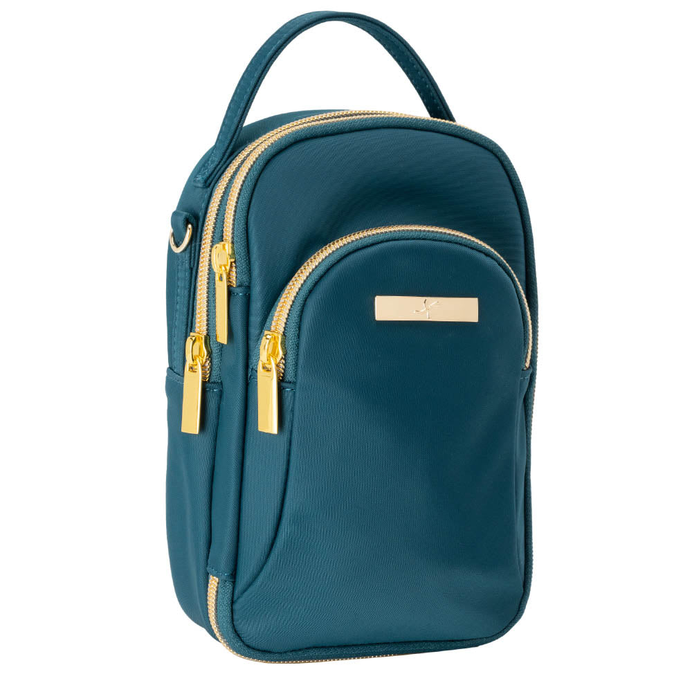 Meredith Triple Zip diabetes supply purse in dark teal fabric and features gold zippers.