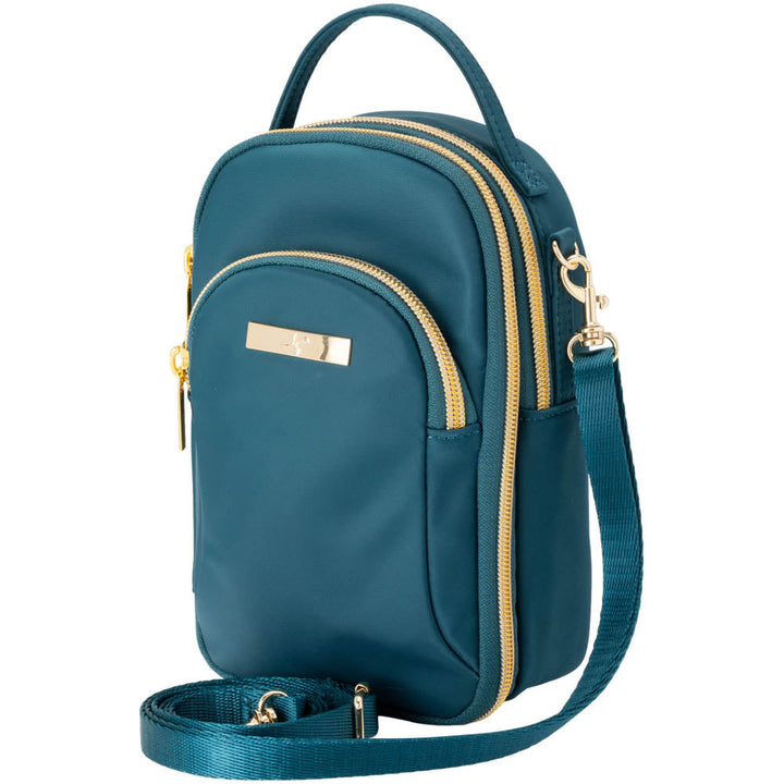 Meredith teal purse side view with detachable shoulder strap.