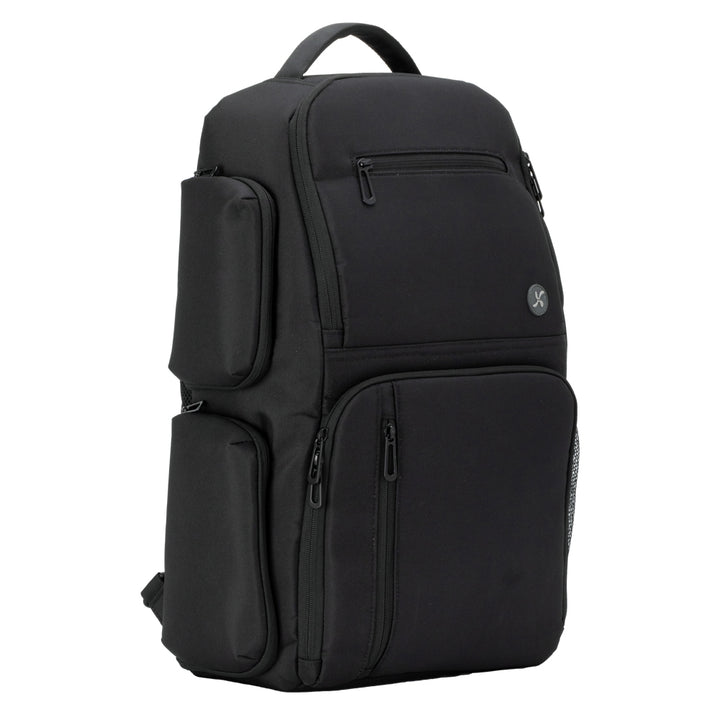 Side of the Charcoal grey XL Travel Backpack showing the width, side zippered pocket and backpack straps.