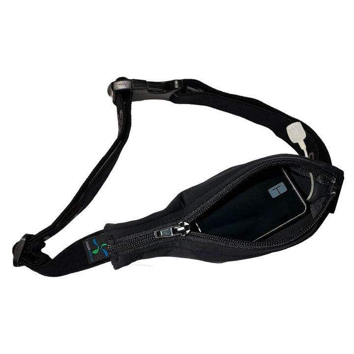 Black stretchy waist belt unzipped with insulin pump shown along with tubing coming out of the slit on the back side for easy access.
