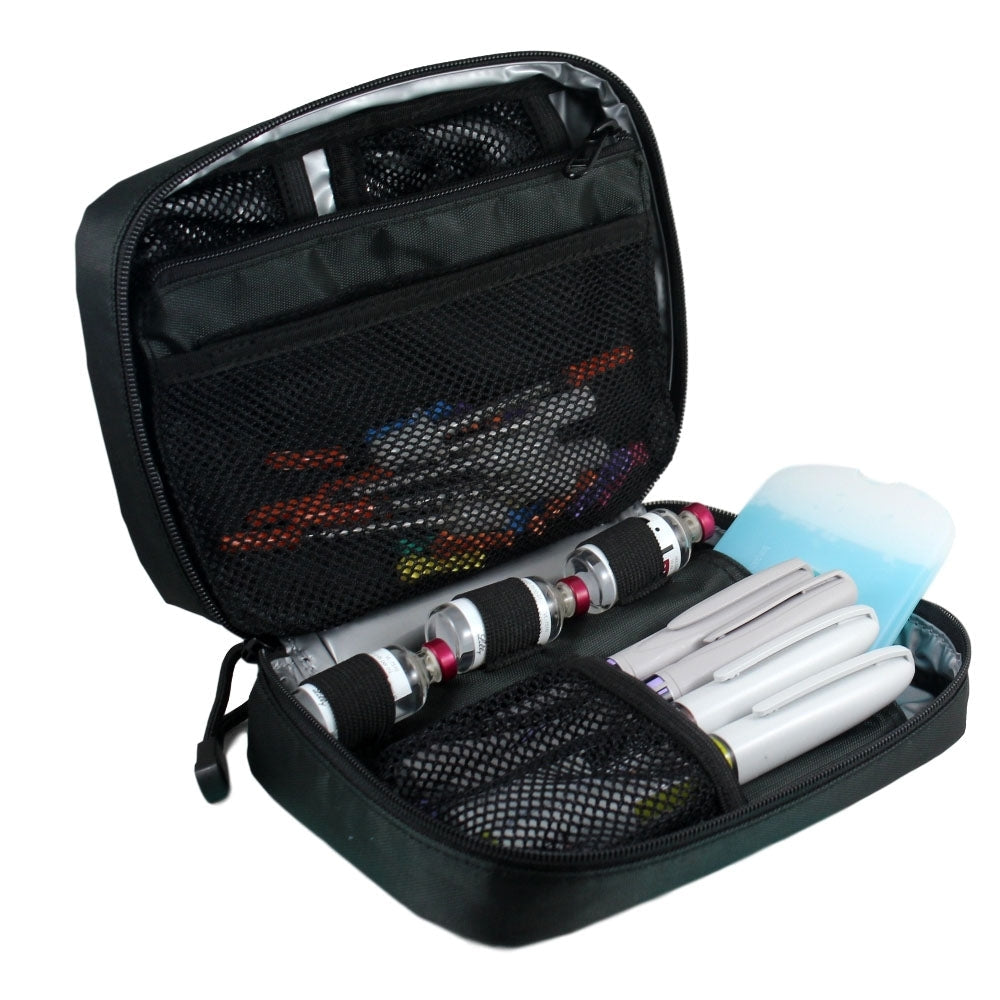 Black diabetes organizer with insulated pocket that holds three insulin vials and four insulin pens.