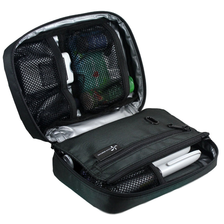 The front section of the black diabetes organizer has three mesh pockets to secure your diabetic supplies.