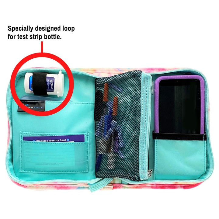 Inside of the Omnipod supply case with a specially designed loop for test strip botte, pocket for pod, mesh pocket for lancet and syringes.