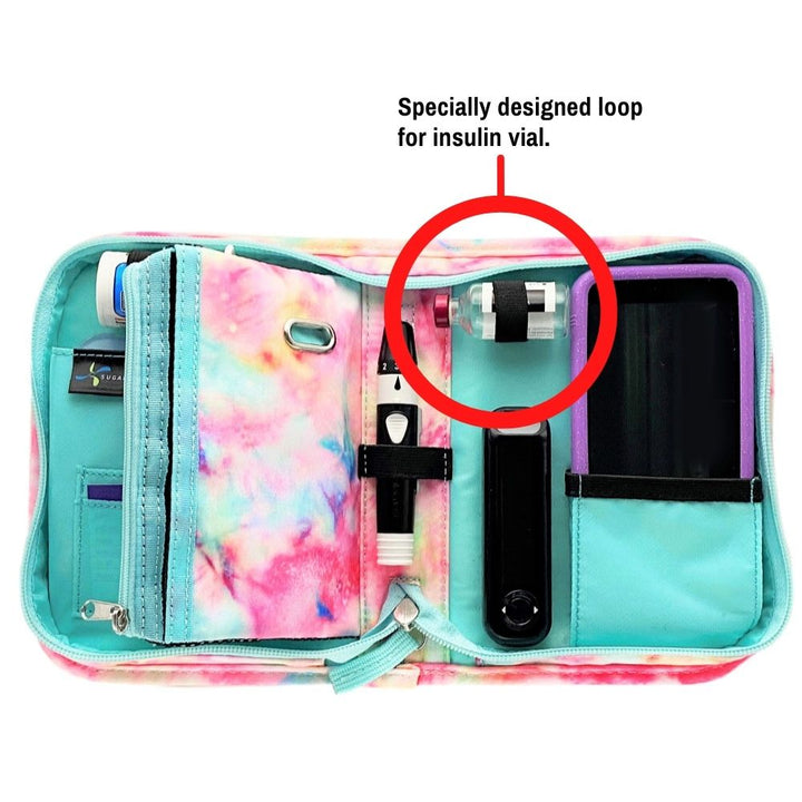 Inside of the Omnipod supply case with a specially designed loop for insulin vial, pocket for Omnipod 5 device, loop for lancing device, test strip trash can and spot to secure glucose meter.