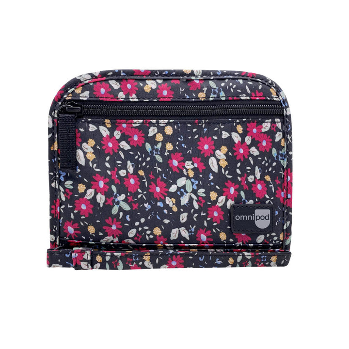 Black with small flowers Omnipod supply case with black zipper on front for extra diabetic supplies.