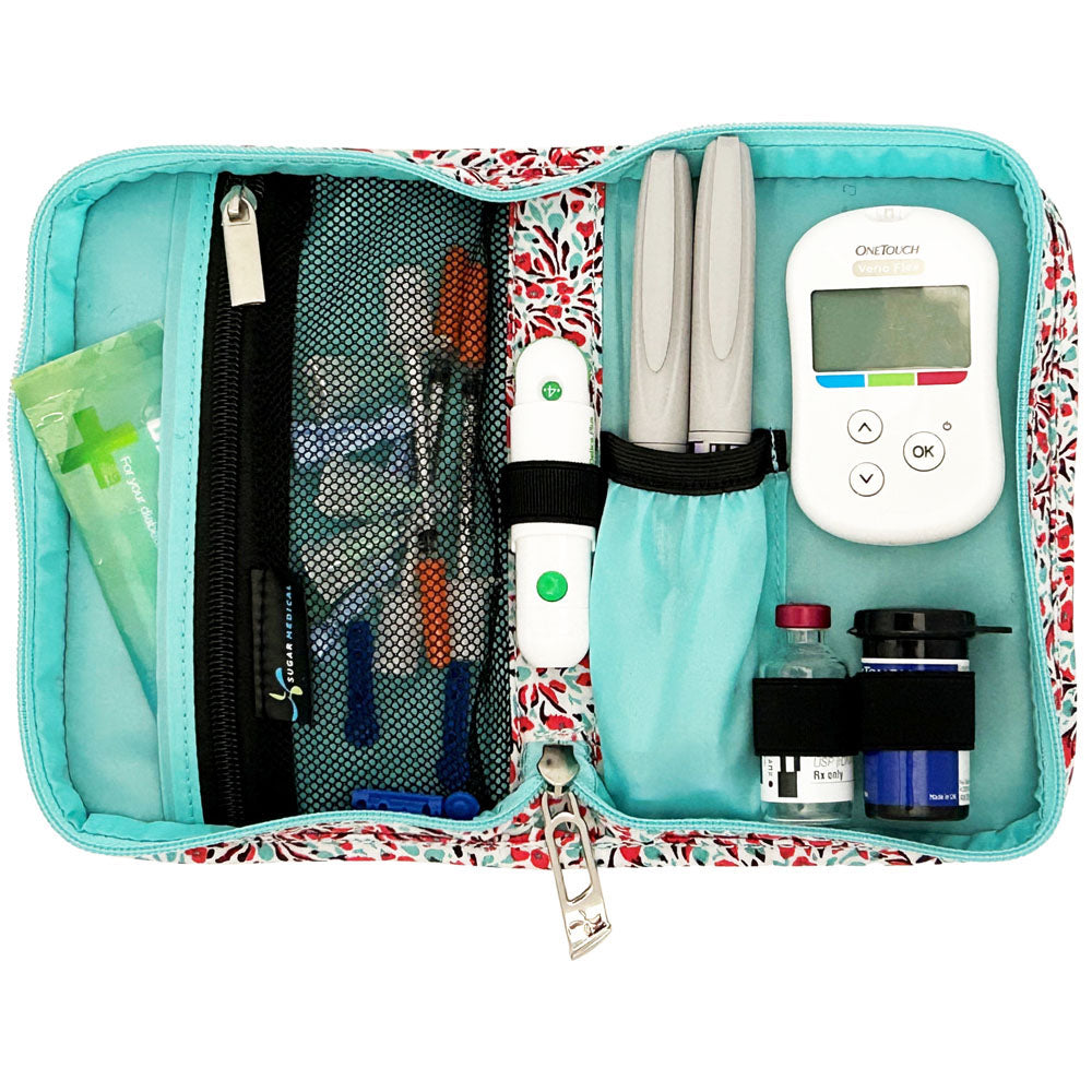 Sugar Medical Diabetes Supply Case II white with teal and red mini flowers inside set up with glucose meter, test strips, lancet, insulin pens and wipes. 