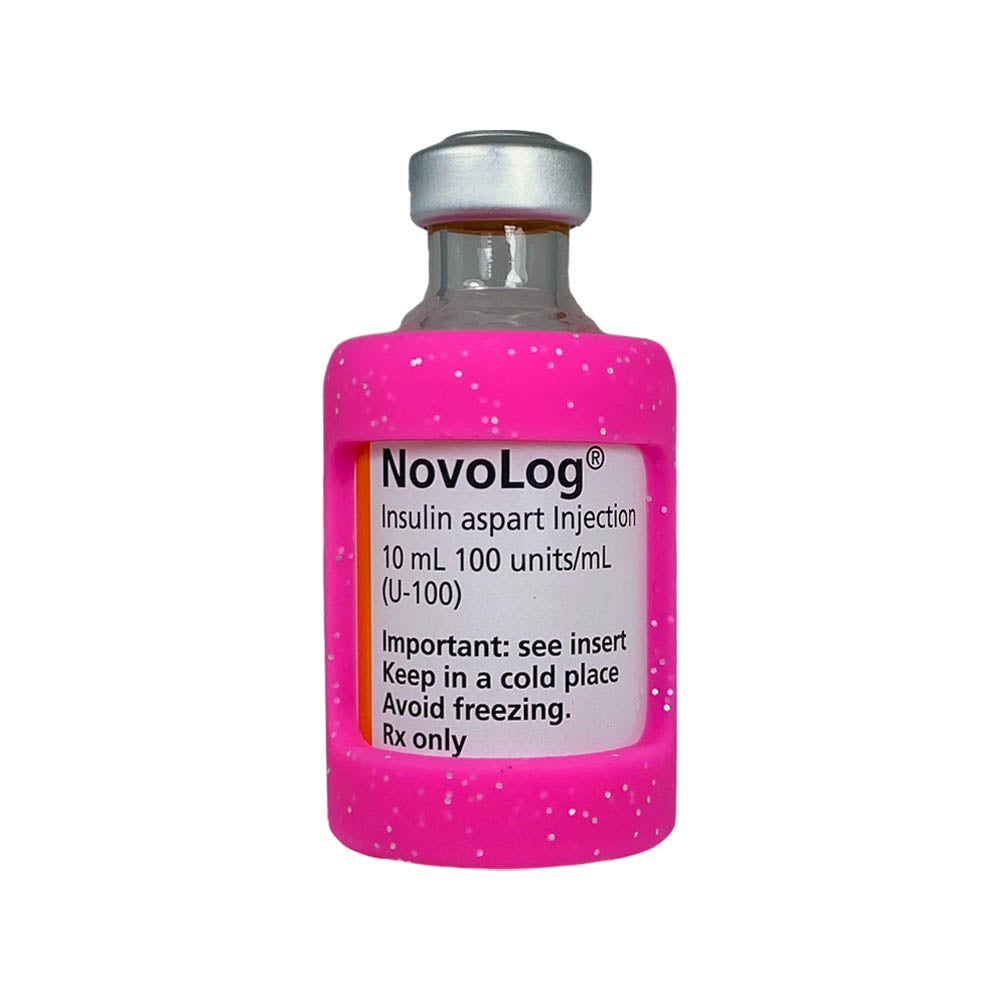 Front side of insulin vial with pink glitter silicone insulin vial sleeve for protection.