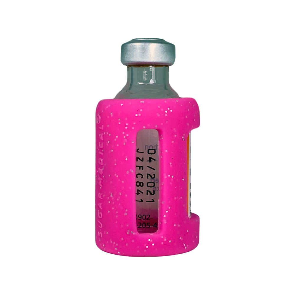 Side view of pink glitter insulin vial silicone protective sleeve with expiration date window.