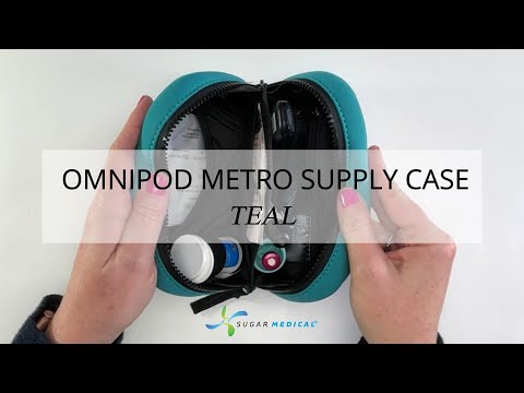 Close-up of a woman’s hands organizing diabetes supplies into a teal Omnipod Metro Supply Case.