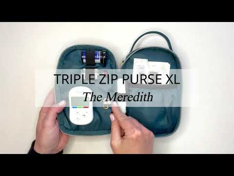 Video of woman using Sugar Medical Triple Zip purse and loading supplies into it. 