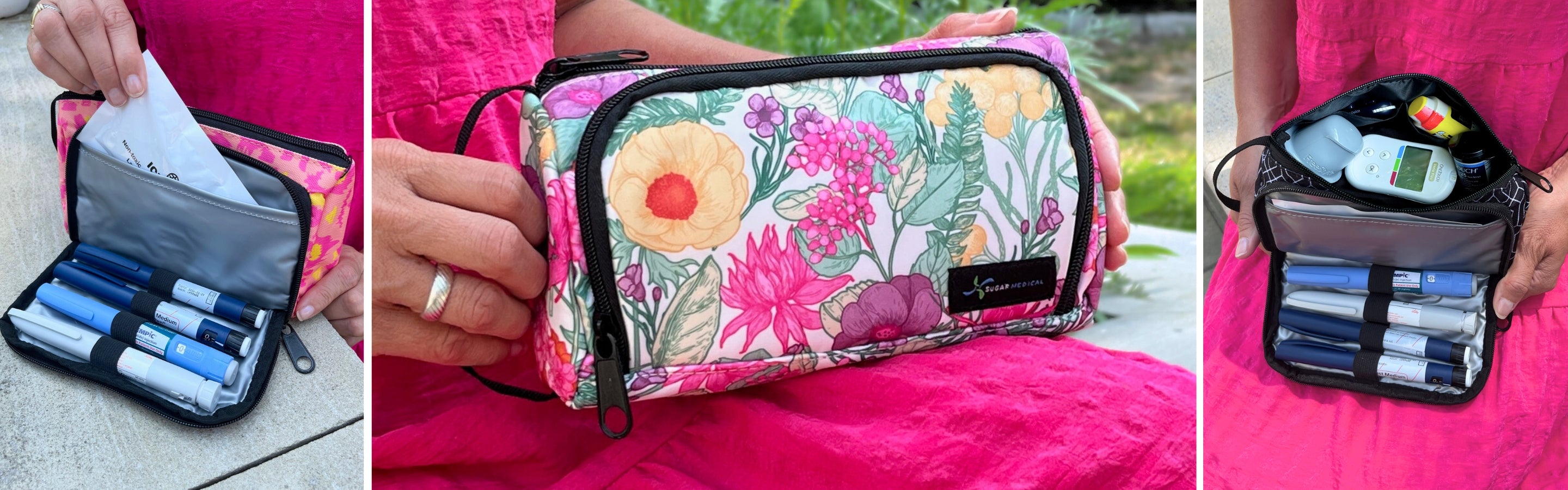Sugar Medical Insulated Diabetes Pen Case in fun spring floral pattern with front insulated pocket with ice pack. 