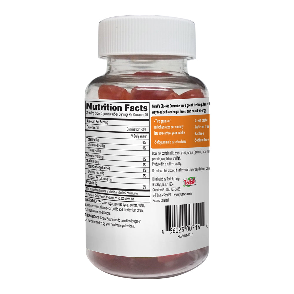Back of Glucose Supplement YumV's™ Bottle Gummy Assorted Flavors showing nutrition facts.