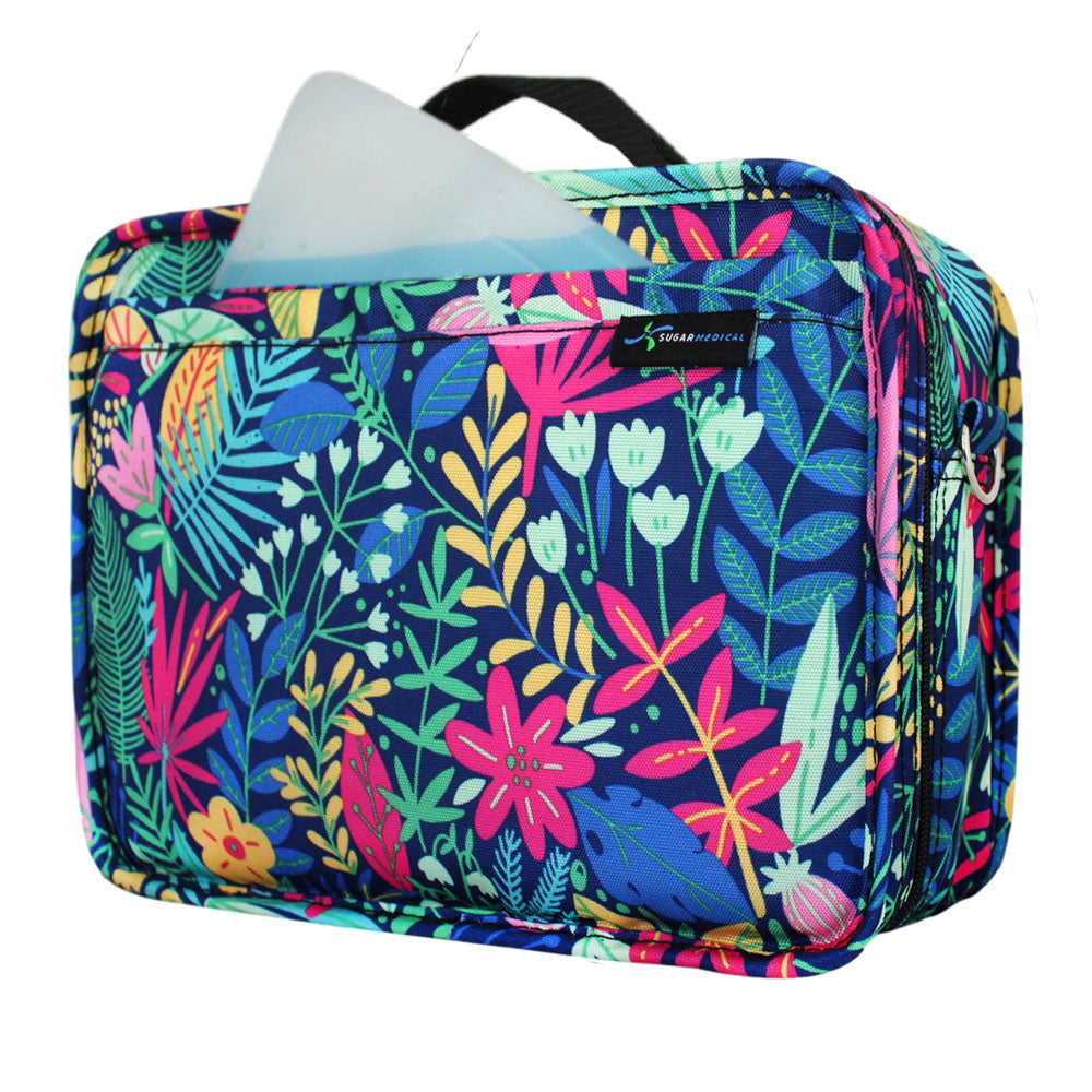 Diabetes Insulated Travel Bag in Blue Floral side with ice pack in front pocket. 