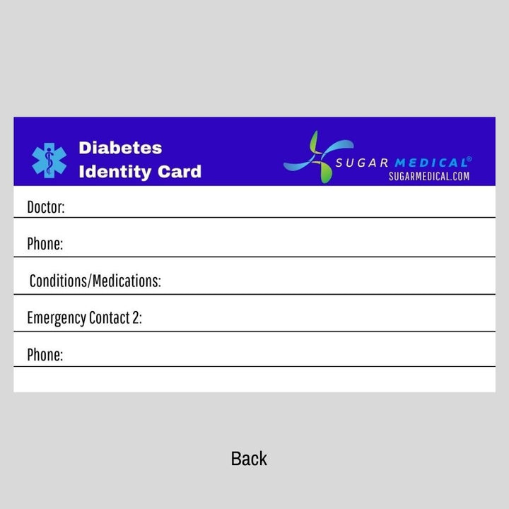Back of diabetes identity card to add doctor, phone, conditions/medications, emergency contact 2 and pone.