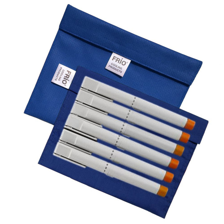 Blue XL FRIO is a reusable evaporative cooler with 6 insulin pens in it.
