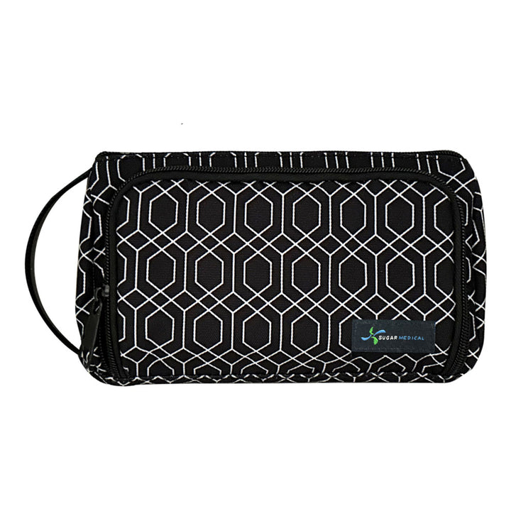 A black and white geometric pattern stylish and lightweight Insulated Diabetes Insulin Supply Case with large zippered back compartment and front zippered insulated compartment.