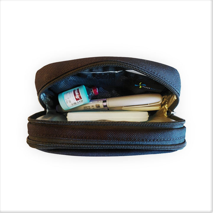 Diabetes Insulated Convertible Bag in Black back insulated compartment with ice pack, insulin pens and insulin vial.
