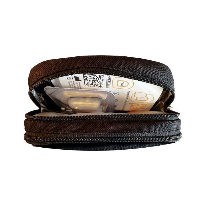 Diabetes Insulated Convertible Bag in Black four ways to carry including on waist, crossbody in front, crossbody in back and in hand.