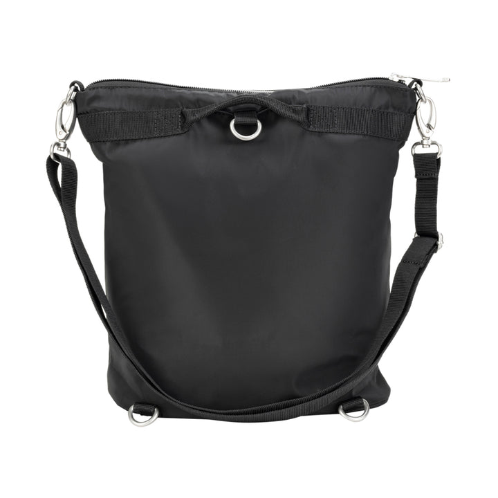 Diabetes Nylon Backpack in black back with shoulder strap attached.