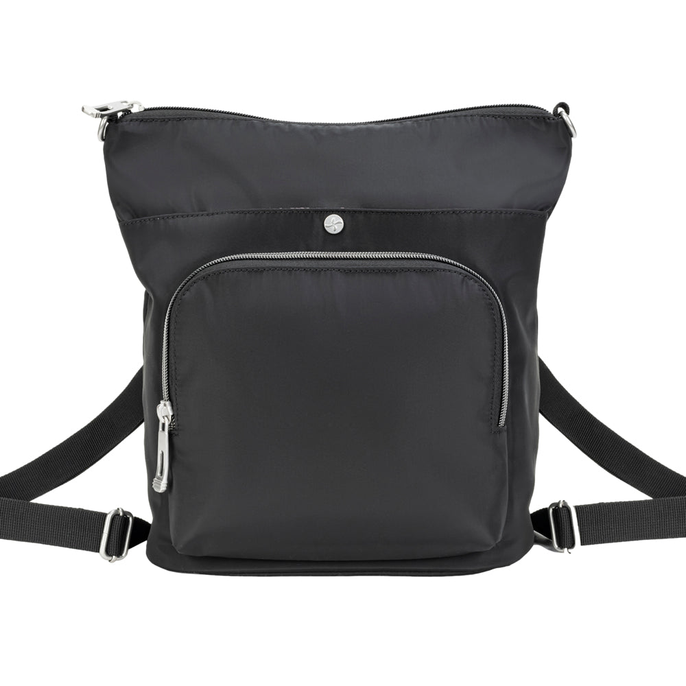 Sugar Medical Diabetes Nylon Backpack Purse in black worn crossbody or on shoulder and having quick access to your medical supplies.