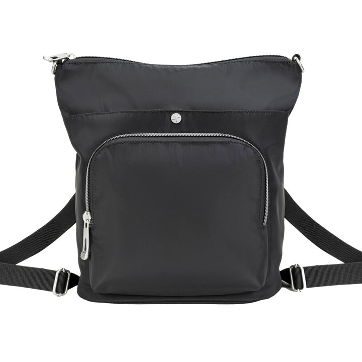 Sugar Medical Diabetes Nylon Backpack Purse in black worn crossbody or on shoulder and having quick access to your medical supplies.