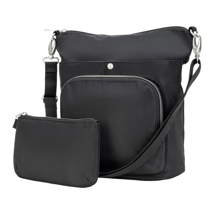 Sugar Medical Diabetes Nylon Backpack Purse in black worn crossbody or on shoulder and having quick access to your medical supplies with insulated pouch.