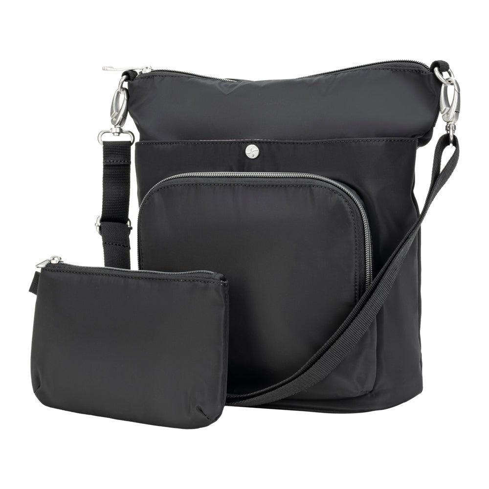 Sugar Medical Diabetes Nylon Backpack Purse in black worn crossbody or on shoulder and having quick access to your medical supplies with insulated pouch.