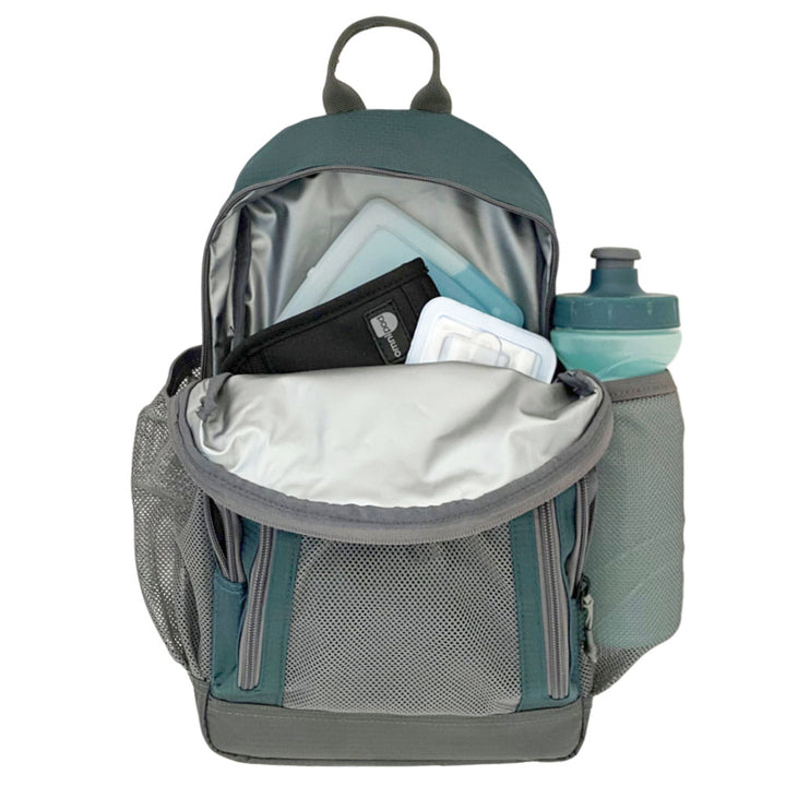 Diabetes Insulated Sling Backpack in green back insulated compartment with Sugar Medical Omnipod supply case, extra pod, and ice pack.