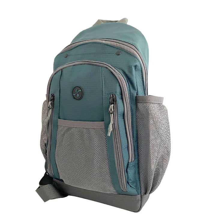 Diabetes Insulated Sling Backpack in green side with two main compartments, side mesh pockets and front mesh pockets for medical supplies.