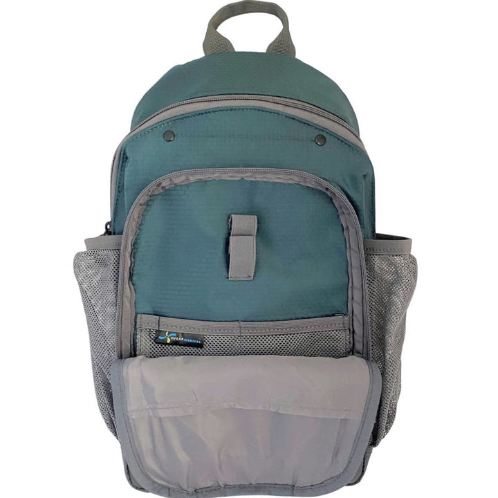 Medical Diabetes Insulated Sling Backpack in green front compartment opened with pockets and loops for medical supplies.