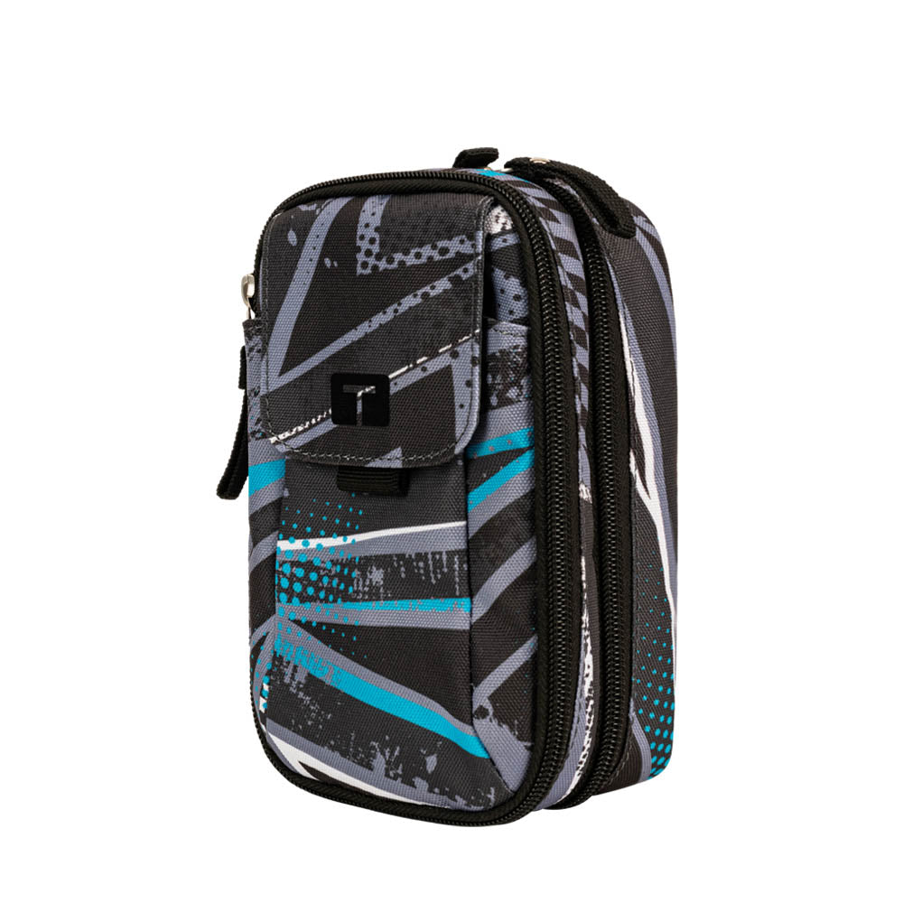 Tandem supply case in black, blue and grey with front pocket, middle compartment, and insulated back pocket for carrying tandem diabetic supplies