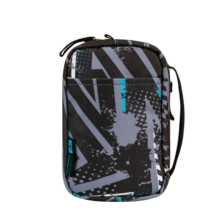 Back view of the black, blue and grey tandem supply case with rear pocket and carrying strap on the right side