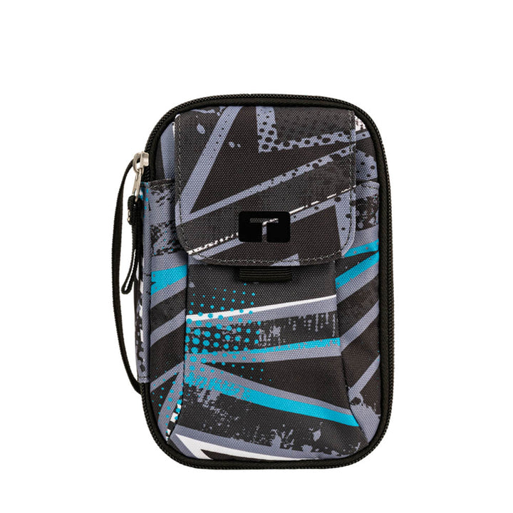 Front view of black, grey and blue  tandem supply case with Tandem logo on front pocket and carrying strap on the left side