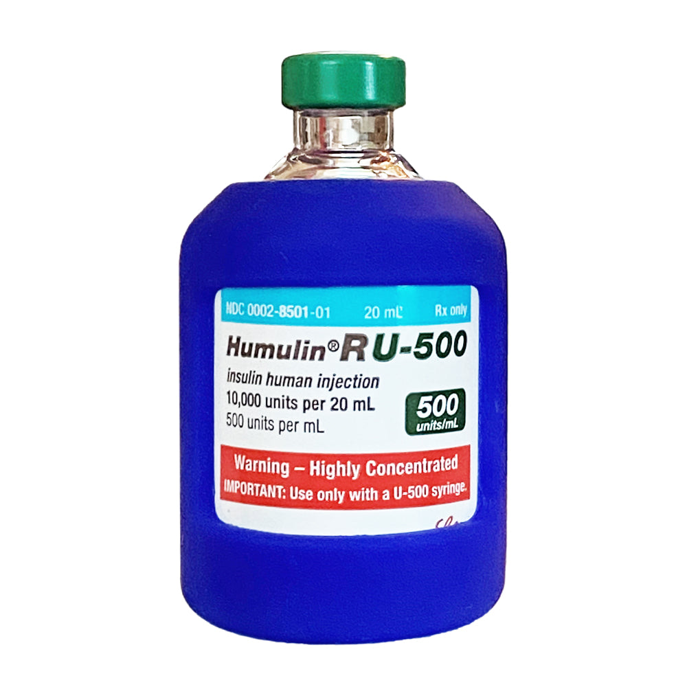 Keep your large 500mL insulin vial safe in our high-impact blue silicone protective sleeve with open front to easily read medication names.