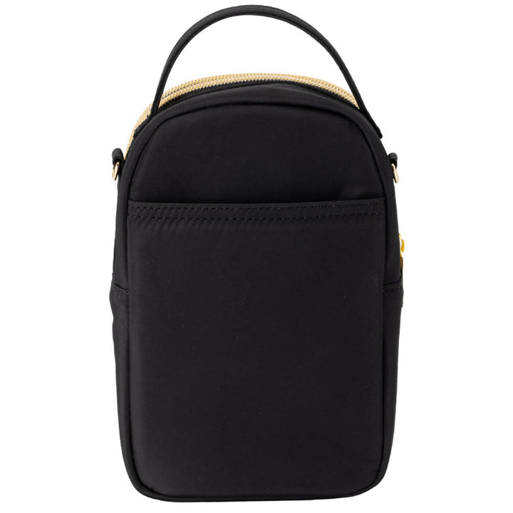 Back of the diabetes purse showing the phone pocket which is easily accessible while wearing the purse.