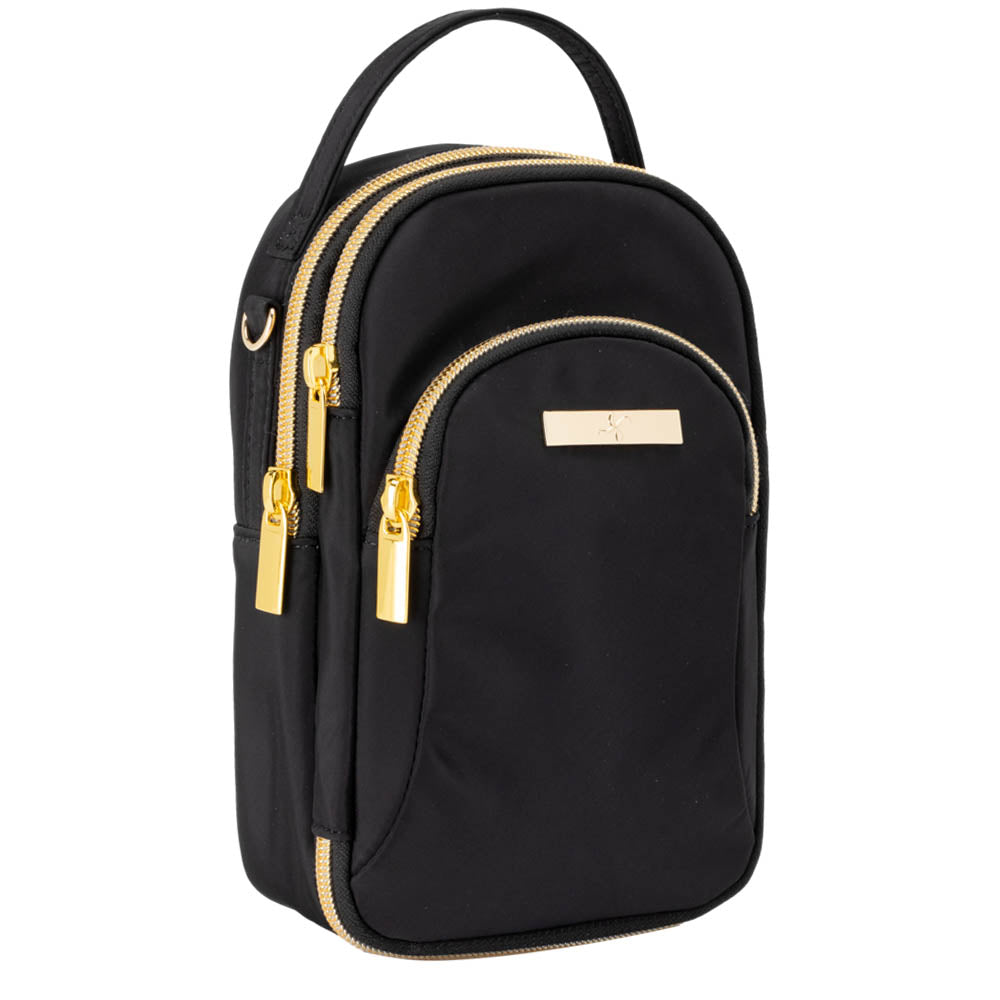 Black diabetes supply purse with three compartments featuring gold zippers. The purse has a small handle on top.