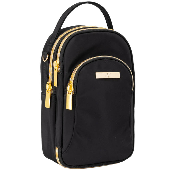 Black diabetes supply purse with three compartments featuring gold zippers. The purse has a small handle on top.