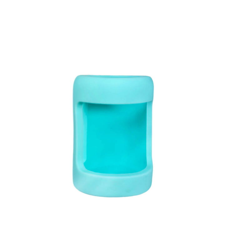 Front view of aqua insulin vial silicone protective sleeve with opening for insulin vial label.