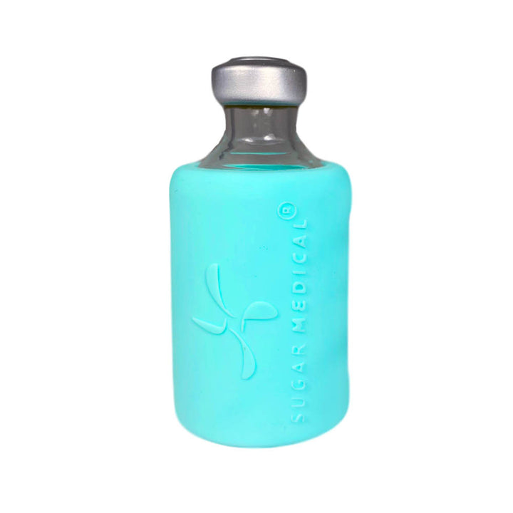 Back side of vial with aqua silicone insulin vial protective sleeve with Sugar Medical Logo.