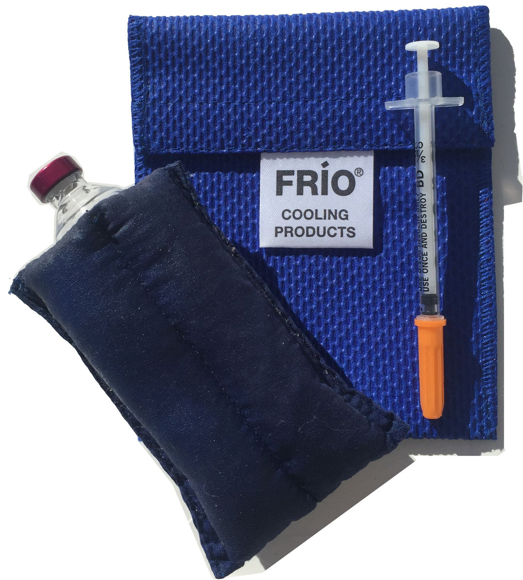Frio Mini Insulin Cooling Case Blue with insulin vial in it.