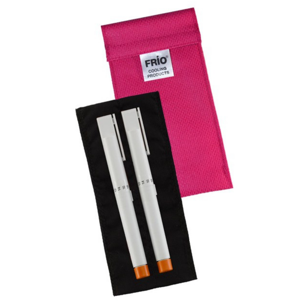 Frio Duo Insulin Pen Cooling Case Pink with two insulin pens.