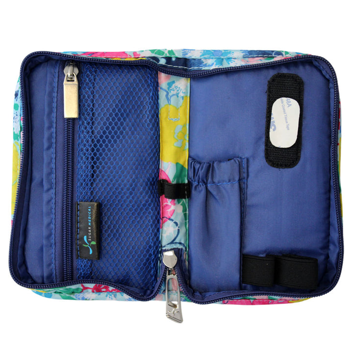 Sugar Medical Diabetes Supply Case II light blue with flowers inside with pockets and loops to organize your diabetic supplies.