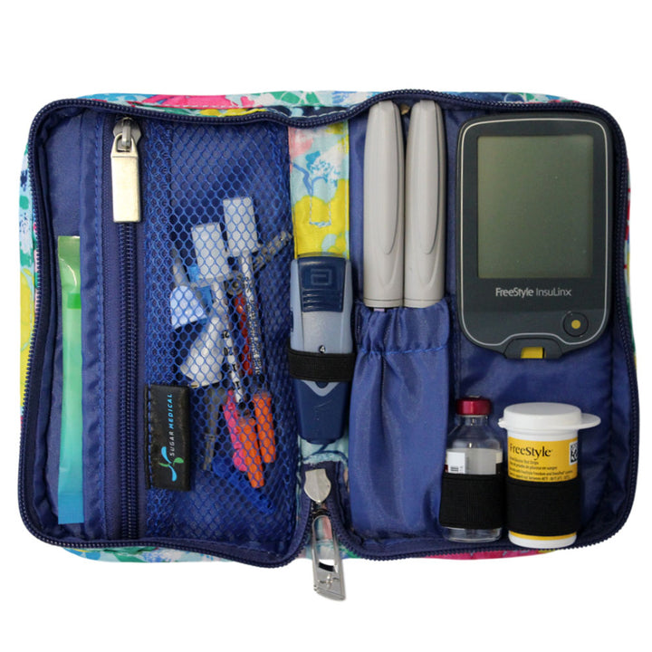 Sugar Medical Diabetes Supply Case II light blue with flowers inside set up with glucose meter, test strips, lancet, insulin pens and wipes.