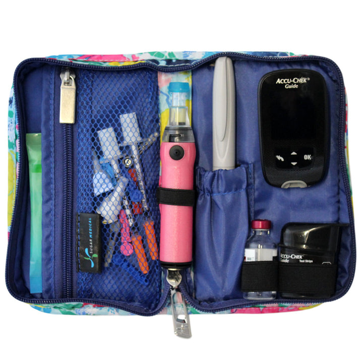 Sugar Medical Diabetes Supply Case II light blue with flowers inside set up with glucose meter, test strips, genteel lancet, insulin pens and wipes.