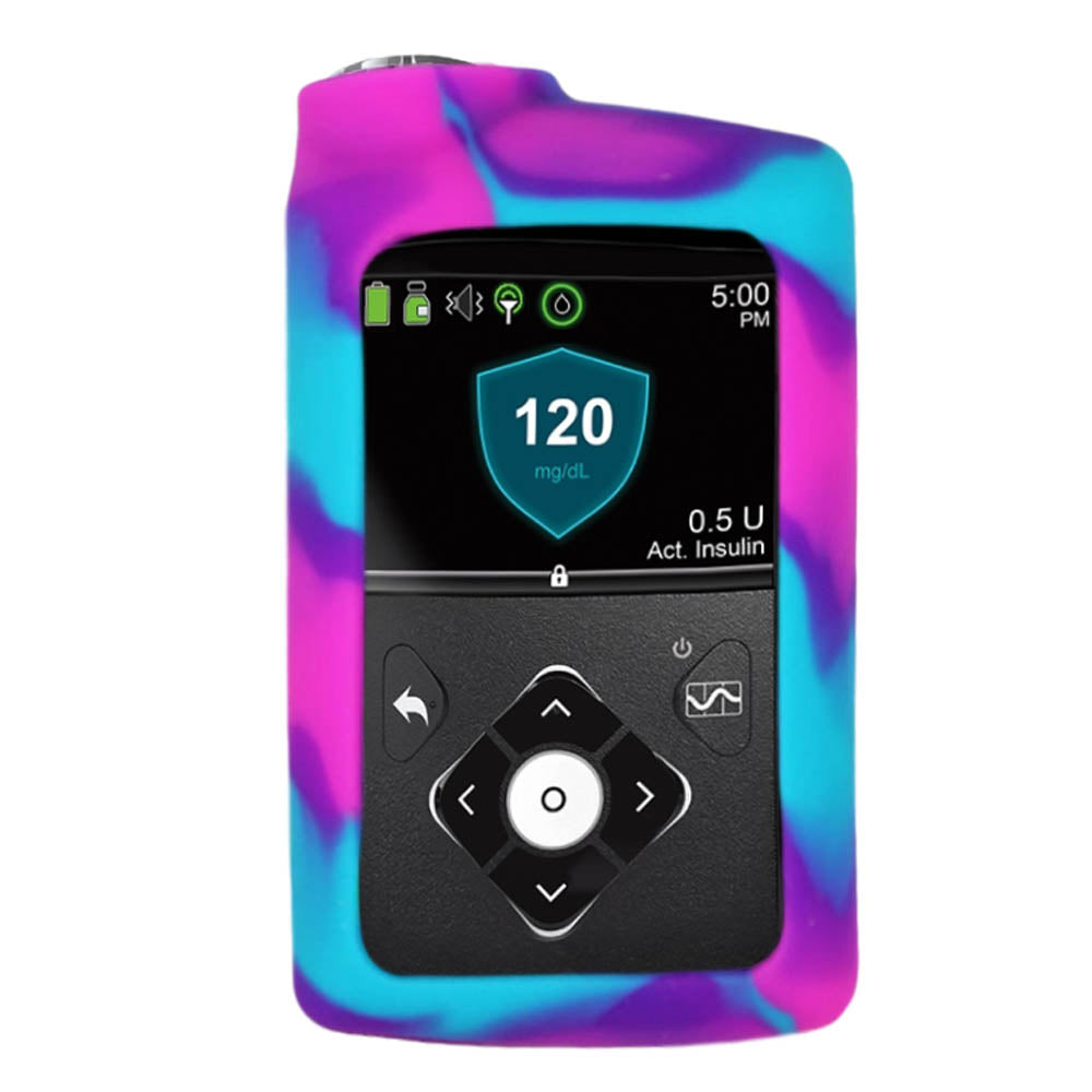 Pink, Purple Blue Tie Dye Medtronic Insulin Pump Gel Skin with Medtronic pump in it.