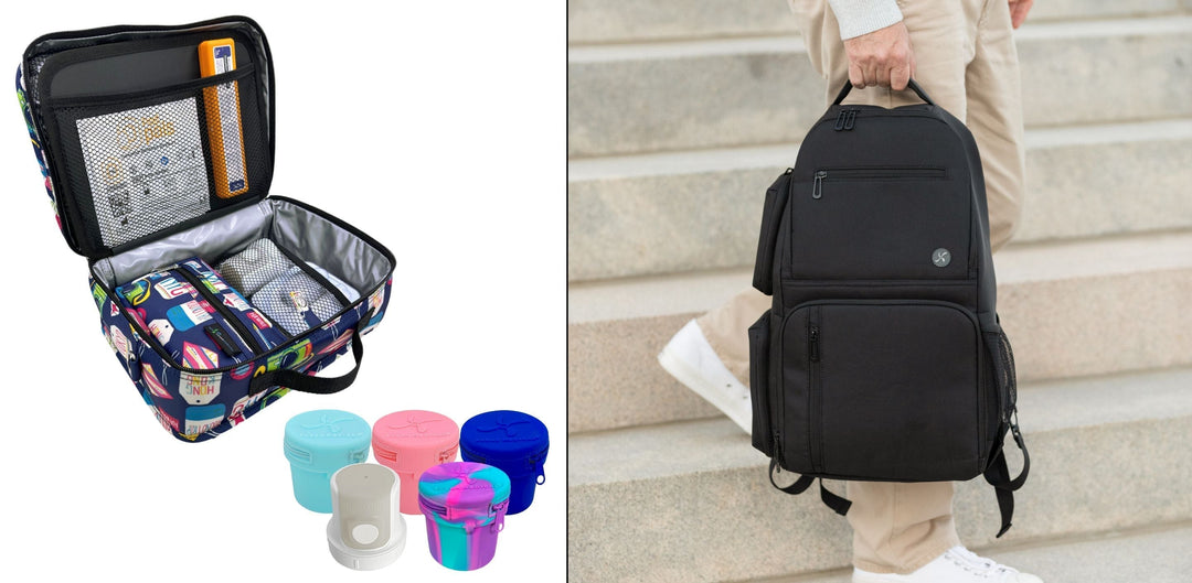 Man carrying black XL Diabetes Supply Backpack and showing open image of diabets travel bag and Dexcom G7 protective travel cases. 