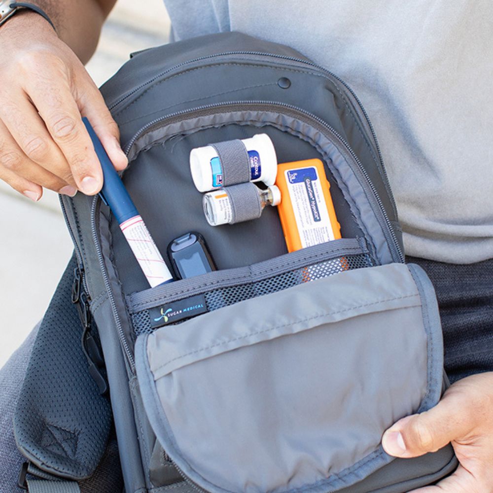 Grey Diabetes Supply Case opened with diabetic supply organized in the front pocket. 