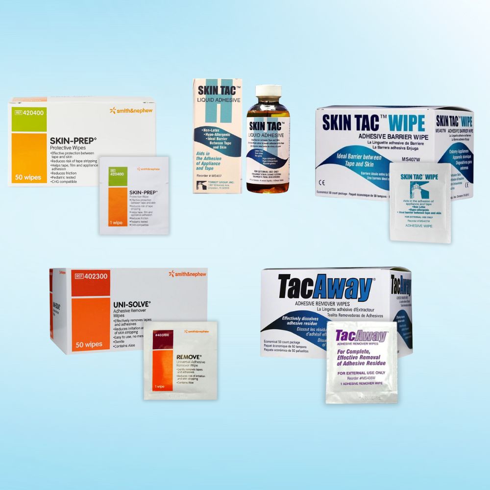 Assorted skin prep and adhesive removal products used with insulin pumps and CGMs