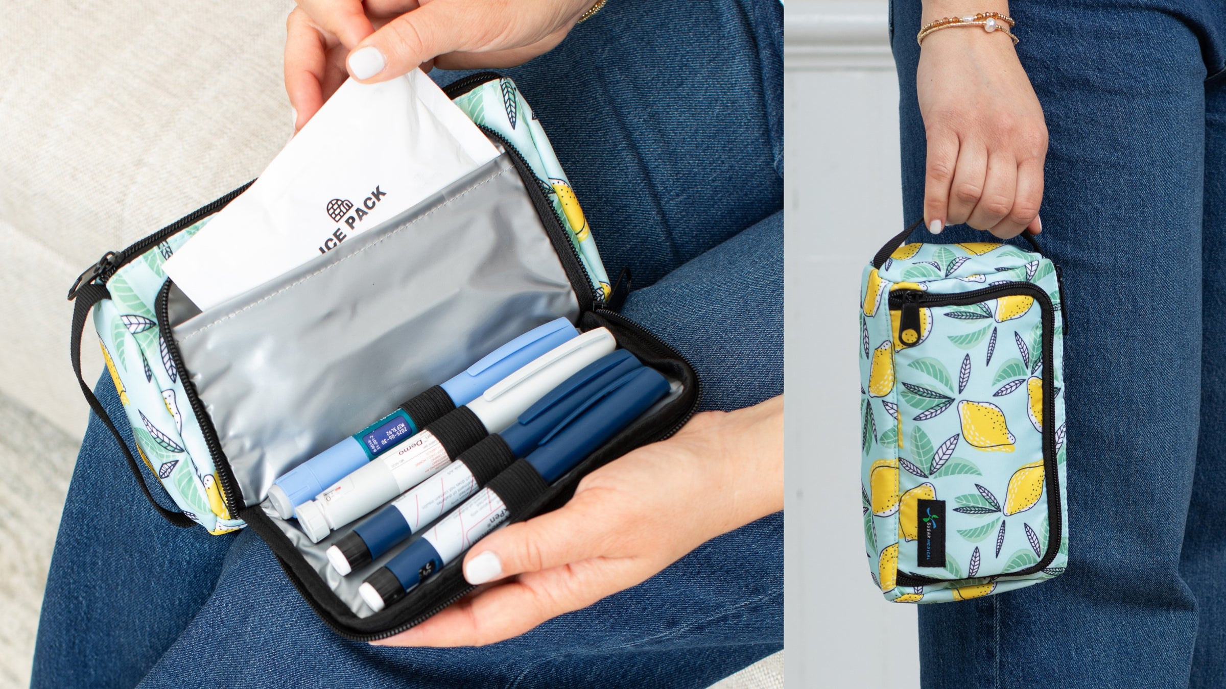 Insulated diabetes supply case with a lemon pattern. Left side shows the open case with insulin pens secured by elastic bands and an ice pack inserted in the insulated pocket. Right side shows a person holding the closed case by its handle